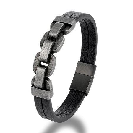 Bracelet homme cuir noir double lanière et chaîne à maillons épais patinés