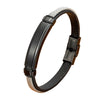 Bracelet homme cuir noir à plaque acier brossé et segment maillage argenté scintillant