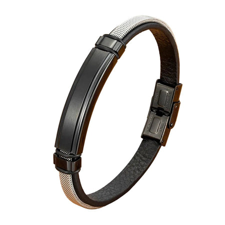 Bracelet homme cuir noir à plaque acier brossé et segment maillage argenté scintillant