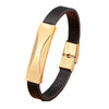 Bracelet homme en cuir noir doté d'une plaque acier dorée brossée à incision oblique