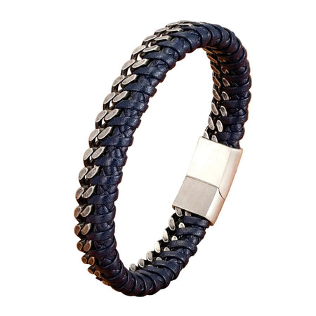 Bracelet homme cuir tressé bleu nuit avec une double chaîne argentée et un fermoir rectangulaire brossé