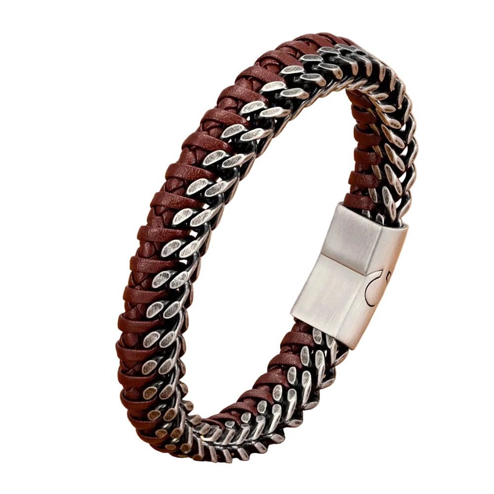 Bracelet homme en cuir tressé bordeaux doté d'une double chaîne à maillons plats argentés et d'un fermoir en acier brossé