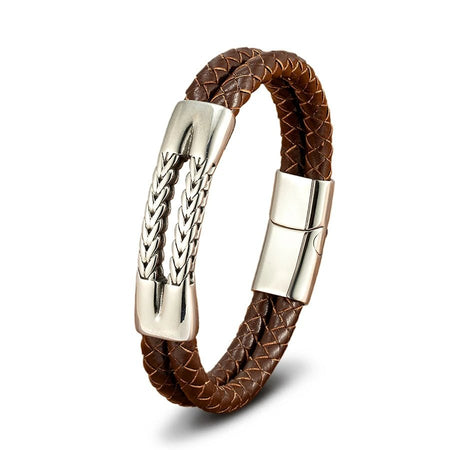Bracelet cuir tressé marron 2 rangs pour homme avec pièce centrale ajourée en acier argenté poli