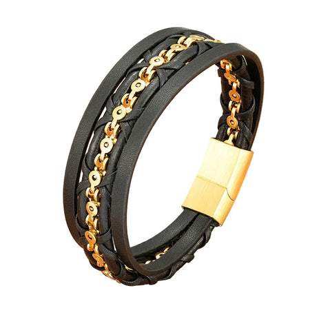 Bracelet homme en cuir tressé noir multirang à chaîne dorée aux maillons ronds avec fermoir rectangulaire satiné