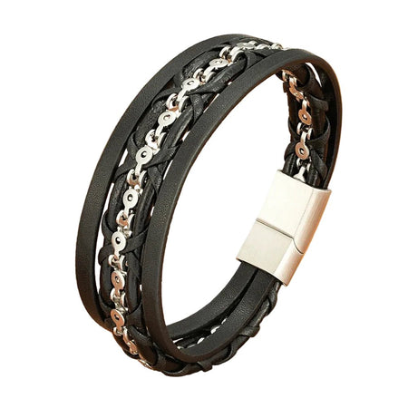 Bracelet homme en cuir tressé noir multirang avec chaîne argentée intégrée et fermoir rectangulaire massif