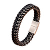 Bracelet homme en cuir tressé noir avec un double rail de maillons argentés et fermoir rectangulaire brossé