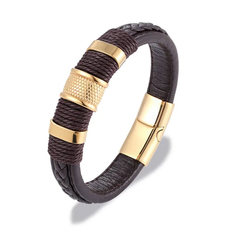 Bracelet homme cuir vachette marron avec cordon torsadé et inserts cylindriques dorés lisses et martelés