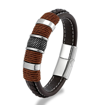 Bracelet homme cuir vachette marron à cordon torsadé et cylindre acier argenté micro-perlé