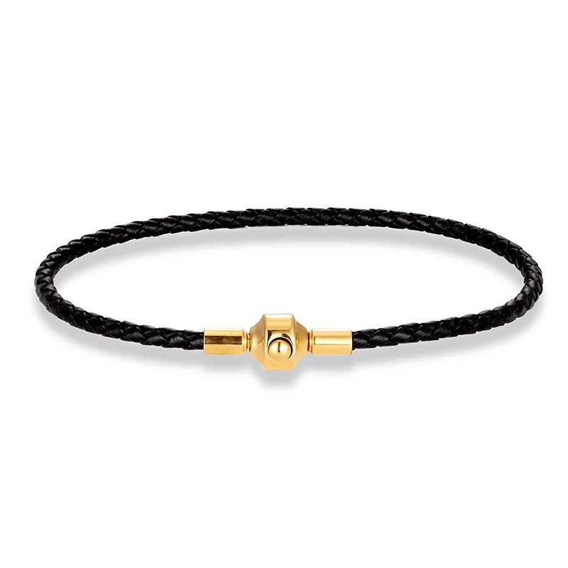 Bracelet homme cuir vachette tressé noir doté d'un fermoir cylindrique poli en acier doré