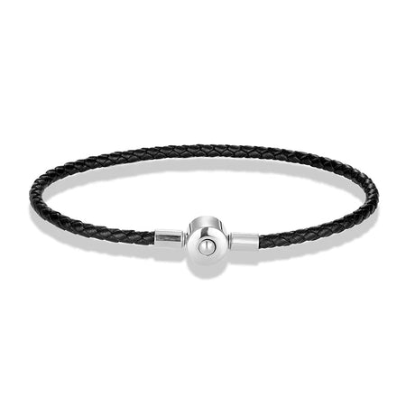 Bracelet homme cuir vachette tressé noir doté d'un fermoir cylindrique acier argenté poli