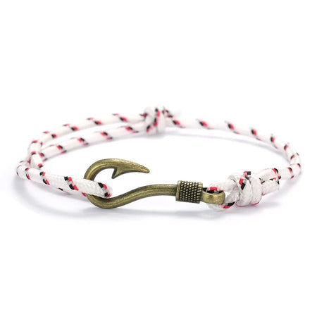 Bracelet homme marin cordon nylon blanc ponctué de fils rouge-noir avec fermoir hameçon patiné