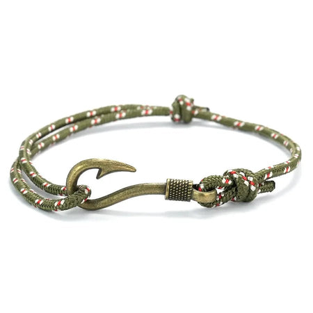 Bracelet homme marin nylon kaki cordage tressé ponctué de filaments blancs-rouges avec fermoir hameçon bronze patiné