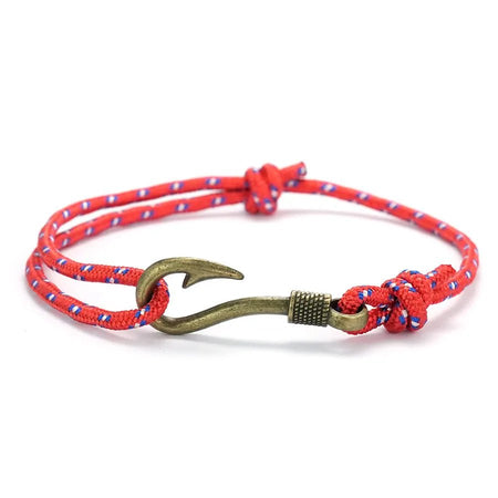 Bracelet homme marin cordon nylon rouge à double toron, ponctué de fils blanc-bleu avec fermoir hameçon au métal patiné