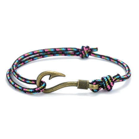 Bracelet homme marin cordage nylon tressé multicolore doté d'un fermoir hameçon bronze patiné