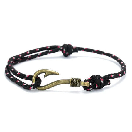 Bracelet homme marin cordage nylon tressé noir, ponctué de fils rouge-blanc et doté d'un fermoir hameçon en métal vieilli ambré
