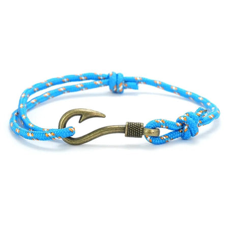 Bracelet homme marin cordage nylon turquoise, ponctué de fils orange-blanc et doté d'un fermoir hameçon bronze mat moleté