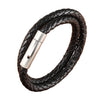 Bracelet homme multi-tours cuir tressé noir à double cordon et fermoir cylindrique acier argenté brossé