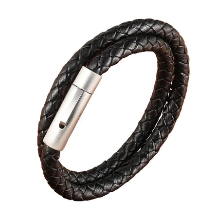 Bracelet homme multi-tours cuir tressé noir à double cordon et fermoir cylindrique acier argenté brossé