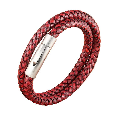 Bracelet homme multi-tours en cuir tressé rouge doté d'un fermoir tubulaire acier argenté brossé