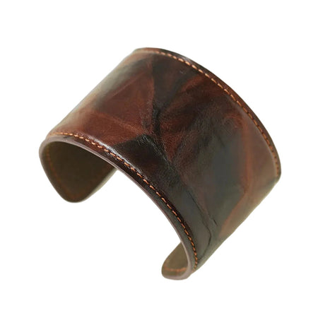 Bracelet manchette femme en cuir véritable marbré brun aux veines chocolat et fauve avec couture périphérique