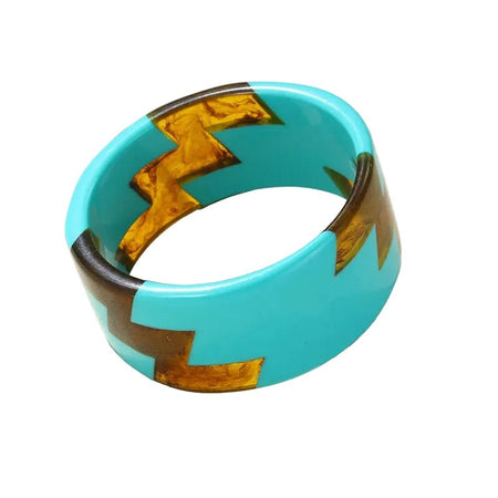 Bracelet manchette femme large en résine turquoise à incrustations zigzag ambrées marbrées