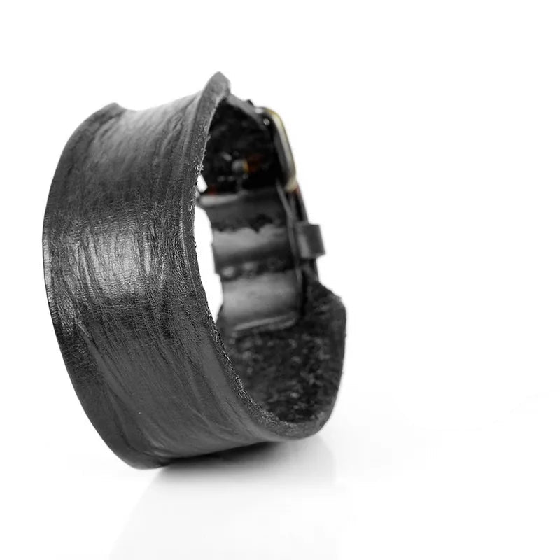 Bracelet manchette homme en cuir véritable noir à boucle dorée ajustable de 18 cm à 23 cm