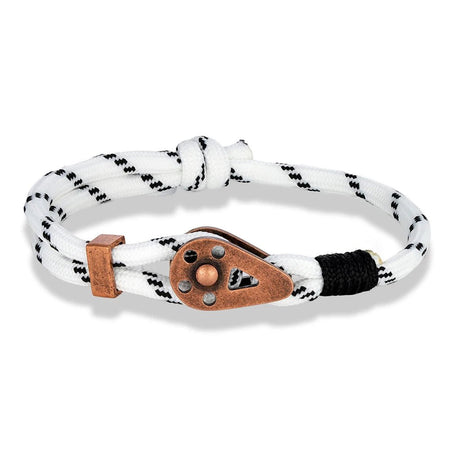 Bracelet homme marin en cordage nylon tressé blanc ponctué de fils noir et doté d'une poulie miniature au métal vieilli