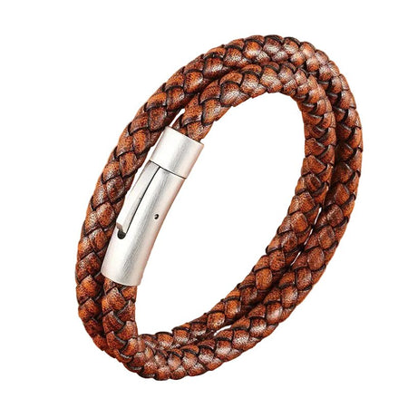 Bracelet multi-tours homme en cuir tressé couleur café à fermoir cylindrique acier argenté satiné