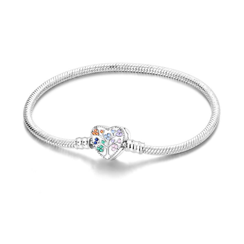 Bracelet petite fille 8 ans en argent maille serpent avec cœur et arbre de vie aux pierres multicolores