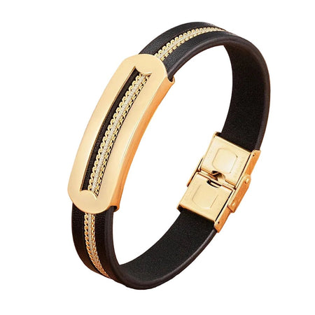 Bracelet pour homme de luxe en cuir noir à double lanière doté d'une plaque dorée et d'une double chaînette encastrée bicolore
