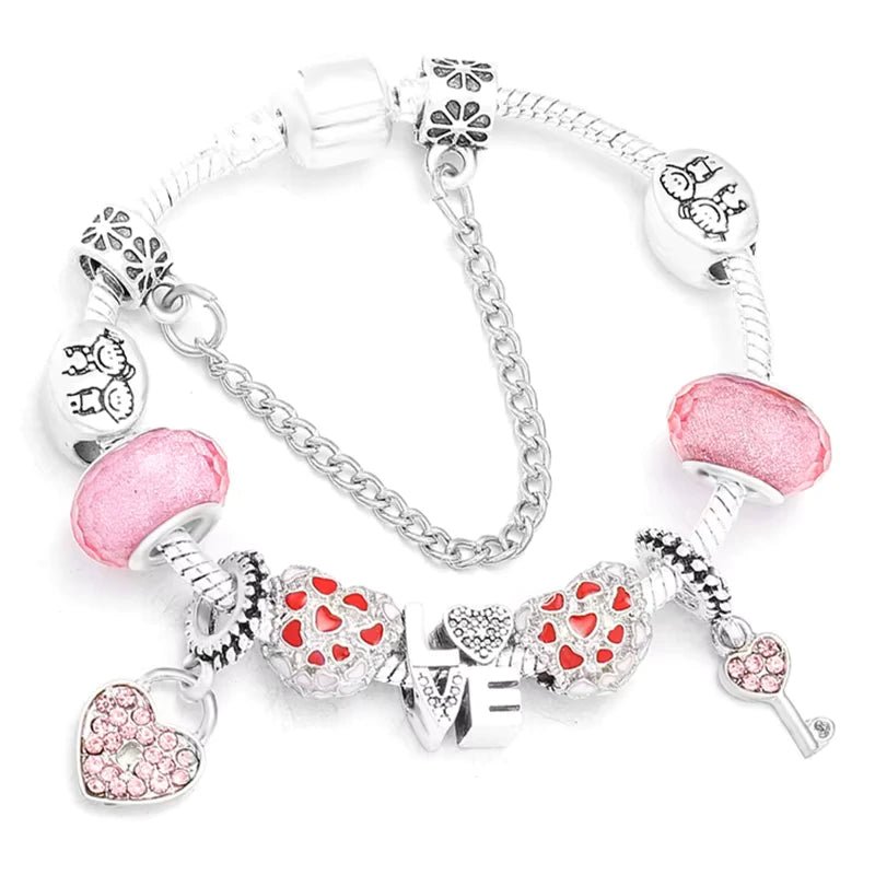 Bracelet style Pandora enfant argenté avec charms et strass roses en forme de cœur pour fille