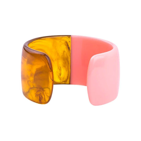 Bracelet manchette femme ouvert bicolore en résine ambrée translucide et acrylique rose poli