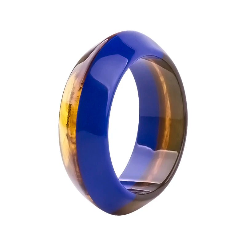 Bracelet manchette pour femme Résine acrylique bicolore, bleue opaque et ambrée translucide avec finition miroir