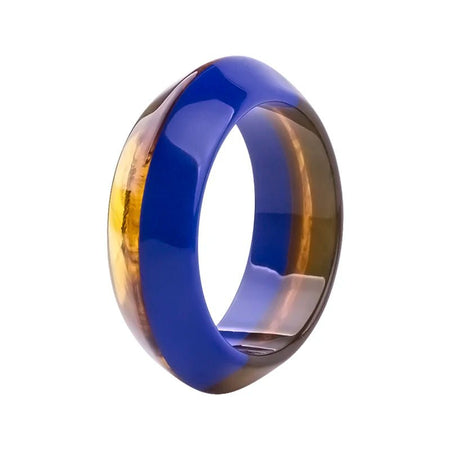Bracelet manchette pour femme Résine acrylique bicolore, bleue opaque et ambrée translucide avec finition miroir