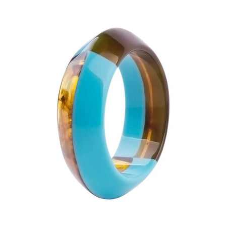 Bracelet manchette femme en résine bicolore ambre translucide et turquoise opaque polie de forme ovale