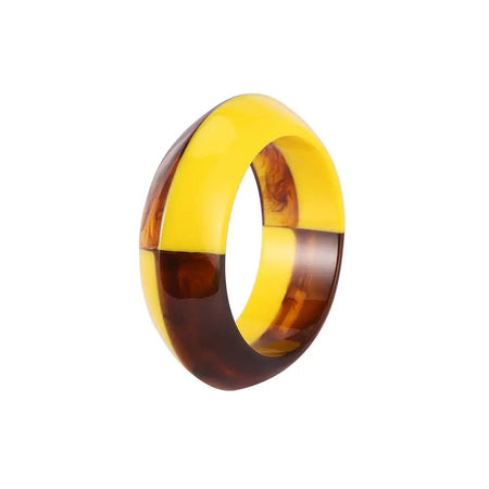 Bracelet manchette femme résine bicolore jaune et ambrée à section circulaire épaisse polie miroir