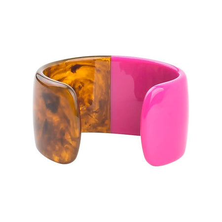 Bracelet manchette ouvert pour femme en résine bicolore rose fuchsia laqué et ambré marbré
