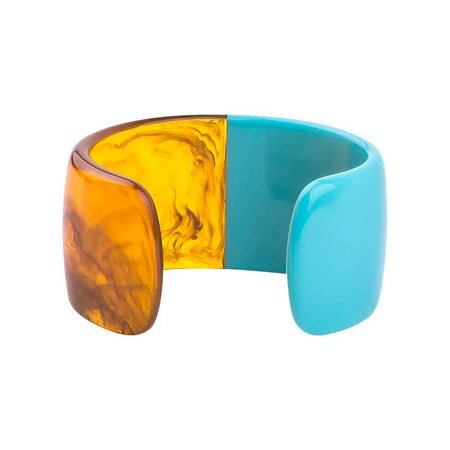 Manchette ouverte pour femme en résine bicolore turquoise et ambre aux volutes dorées translucides