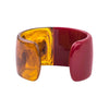 Bracelet manchette pour femme ouvert en résine bicolore, ambrée translucide et bordeaux opaque poli miroir