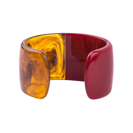 Bracelet manchette pour femme ouvert en résine bicolore, ambrée translucide et bordeaux opaque poli miroir