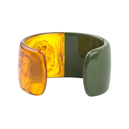 Bracelet manchette femme ouvert en résine marbrée bicolore kaki et miel ambré 