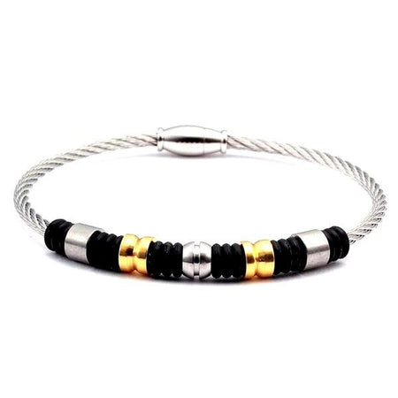 Bracelet acier câble homme inoxydable torsadé perles noires rainurées éléments dorés polis