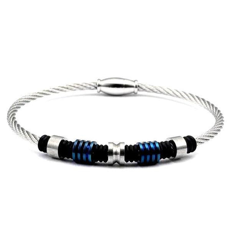 Bracelet acier câble homme inoxydable torsadé perles bleues rainurées éléments argentés polis