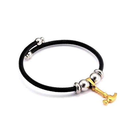Bracelet acier homme noir câble torsadé mat avec marteau dorée suspendue