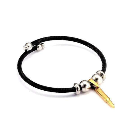 Bracelet acier homme noir câble torsadé mat avec balle fusil dorée suspendue