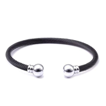 Bracelet acier homme jonc torsade noire mate embouts sphériques argentés polis