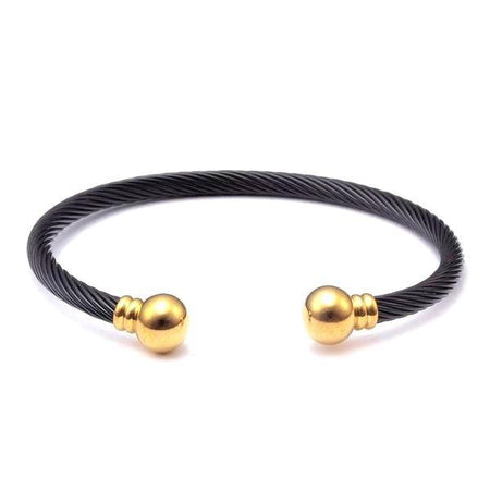 Bracelet acier homme jonc torsade noire mate embouts sphériques dorés polis