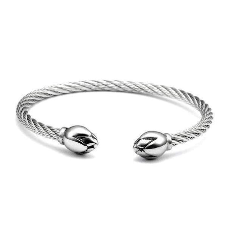 Bracelet acier inoxydable homme jonc argenté câble torsadé embouts sculptés finition polie