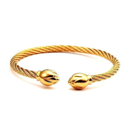 Bracelet acier inoxydable homme jonc doré câble torsadé embouts sculptés finition polie