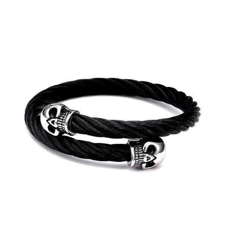 Bracelet acier noir homme jonc torsade métallique crânes argentés sculptés